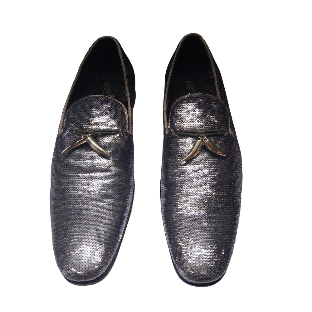 After Midnight Mens Silver Sequin Formal Loafers Horn Tassel Dress Shoes 6759 11